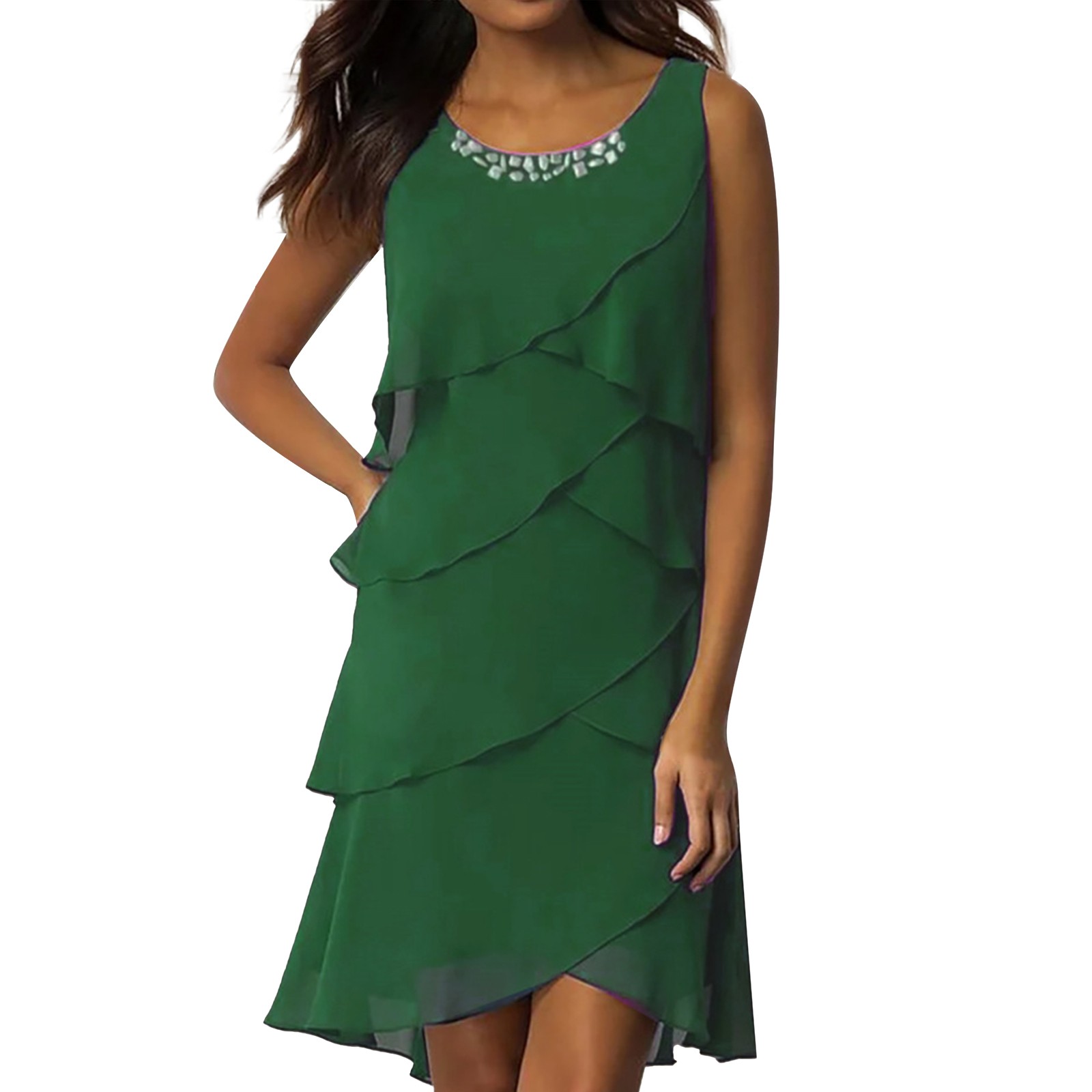 Dyfzdhu Summer Dresses for Women Trendy Rhinestone Sleeveless Solid Color Ruffle Chiffon Dress Tank Formal Wedding Guest Dresses Green